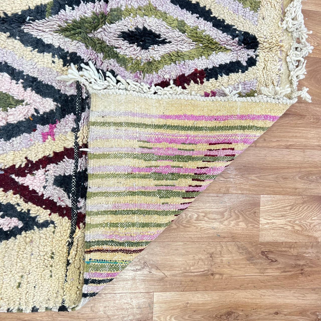 Vintage Moroccan diamond wool rug with tribal Berber pattern in ivory, burgundy, sage green and blush pink, handmade in Morocco.