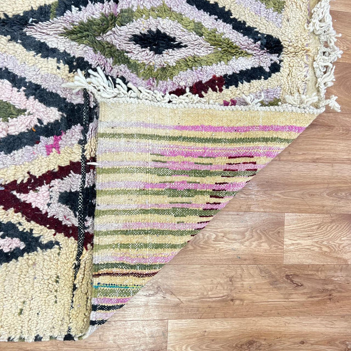 Vintage Moroccan diamond wool rug with tribal Berber pattern in ivory, burgundy, sage green and blush pink, handmade in Morocco.