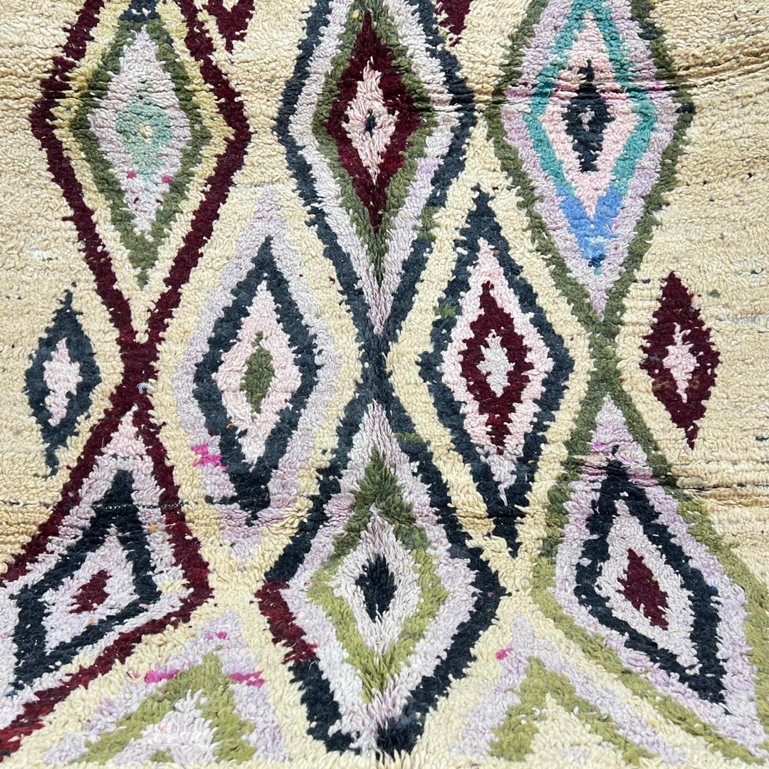 Vintage Moroccan diamond wool rug with tribal Berber pattern in ivory, burgundy, sage green and blush pink, handmade in Morocco.