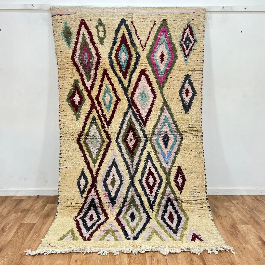 Vintage Moroccan diamond wool rug with tribal Berber pattern in ivory, burgundy, sage green and blush pink, handmade in Morocco.