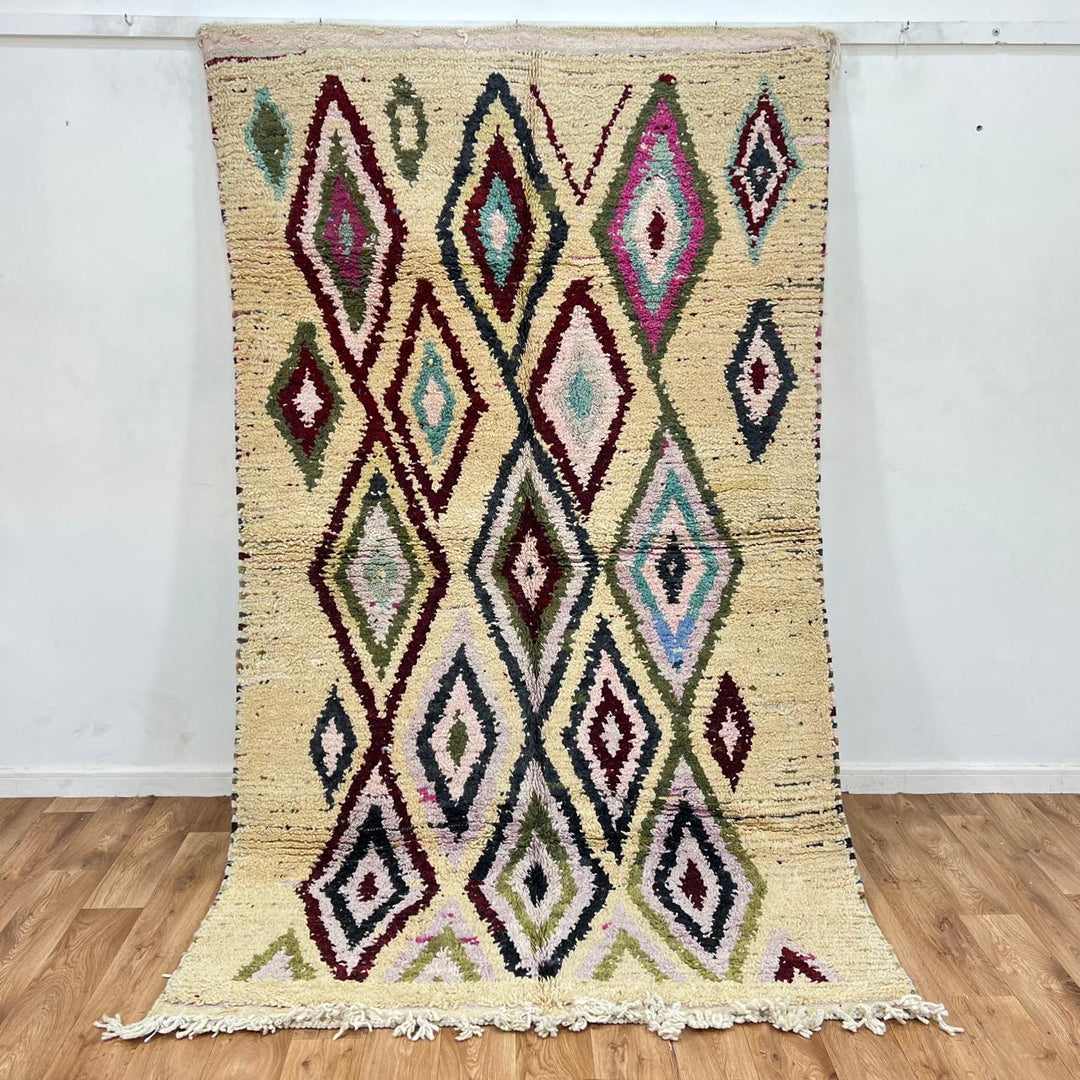 Vintage Moroccan diamond wool rug with tribal Berber pattern in ivory, burgundy, sage green and blush pink, handmade in Morocco.