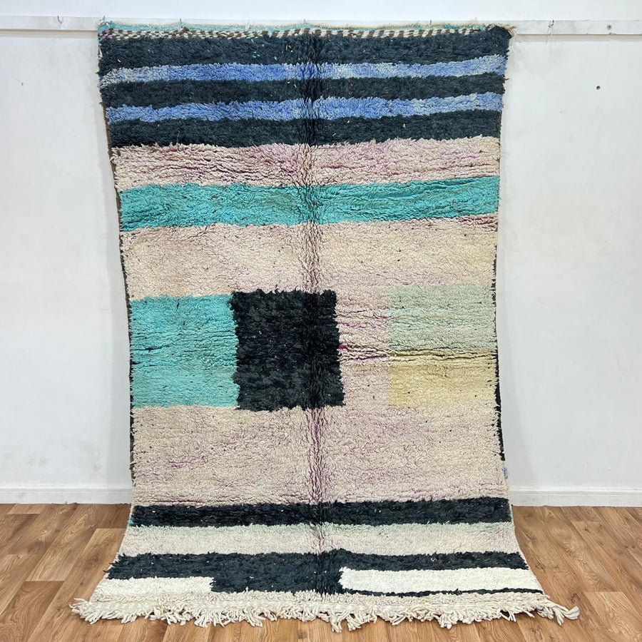 Vintage Moroccan wool rug with pastel turquoise, beige and black geometric pattern, handwoven Berber carpet, 245 x 152 cm