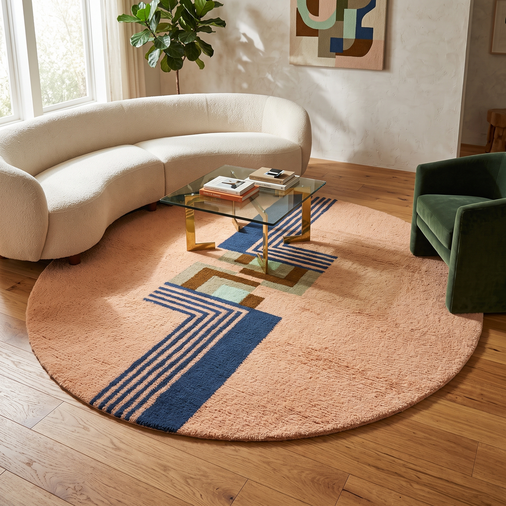Handmade peach Moroccan round rug with modern abstract geometric design