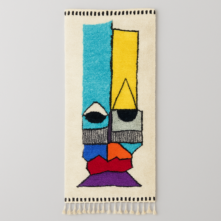 Colorful abstract Moroccan runner rug with artistic face design, handmade wool carpet featuring turquoise, yellow, red and purple shapes on a soft white background, modern boho Moroccan wool runner for hallway decor.