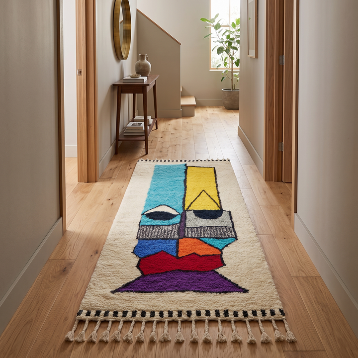 Colorful abstract Moroccan runner rug with artistic face design, handmade wool carpet featuring turquoise, yellow, red and purple shapes on a soft white background, modern boho Moroccan wool runner for hallway decor.