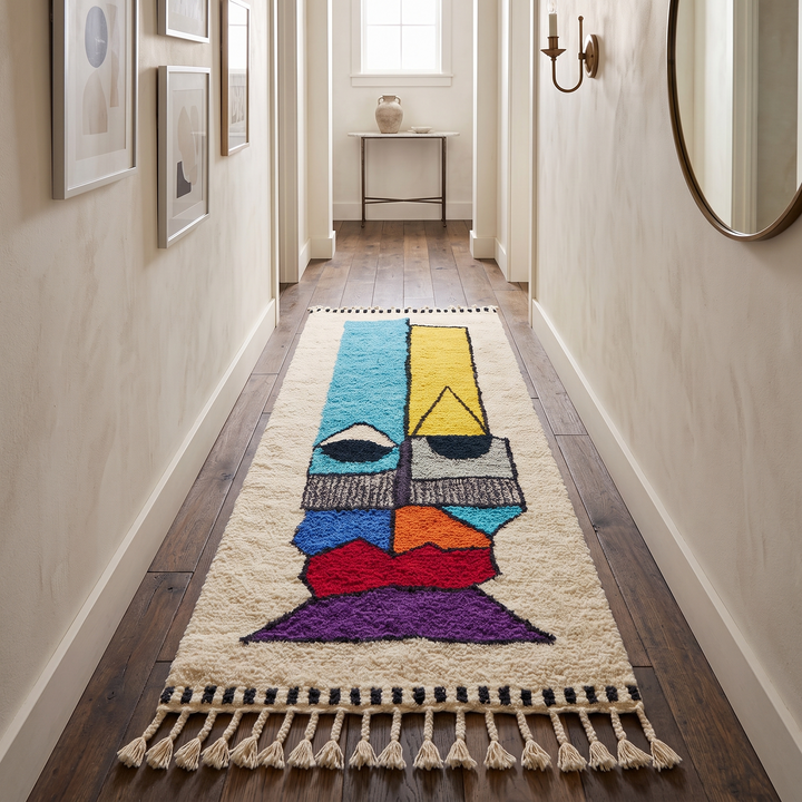 Colorful abstract Moroccan runner rug with artistic face design, handmade wool carpet featuring turquoise, yellow, red and purple shapes on a soft white background, modern boho Moroccan wool runner for hallway decor.