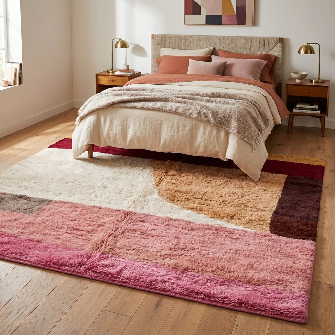 Modern abstract Moroccan wool rug with plush high-pile texture, handmade Berber color block design in pink, cream, peach, burgundy, tan, and dark brown.