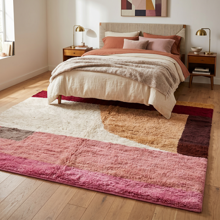 Modern abstract Moroccan wool rug with plush high-pile texture, handmade Berber color block design in pink, cream, peach, burgundy, tan, and dark brown.