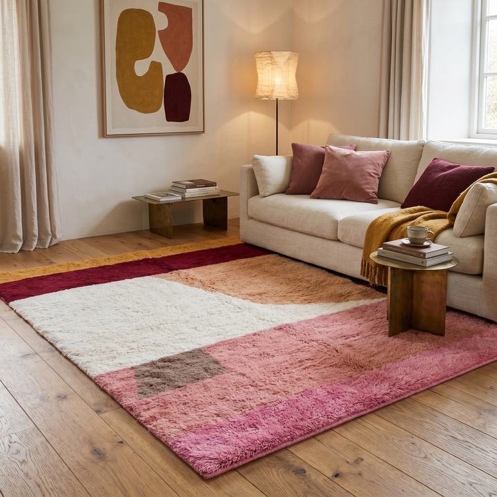 Modern abstract Moroccan wool rug with plush high-pile texture, handmade Berber color block design in pink, cream, peach, burgundy, tan, and dark brown.