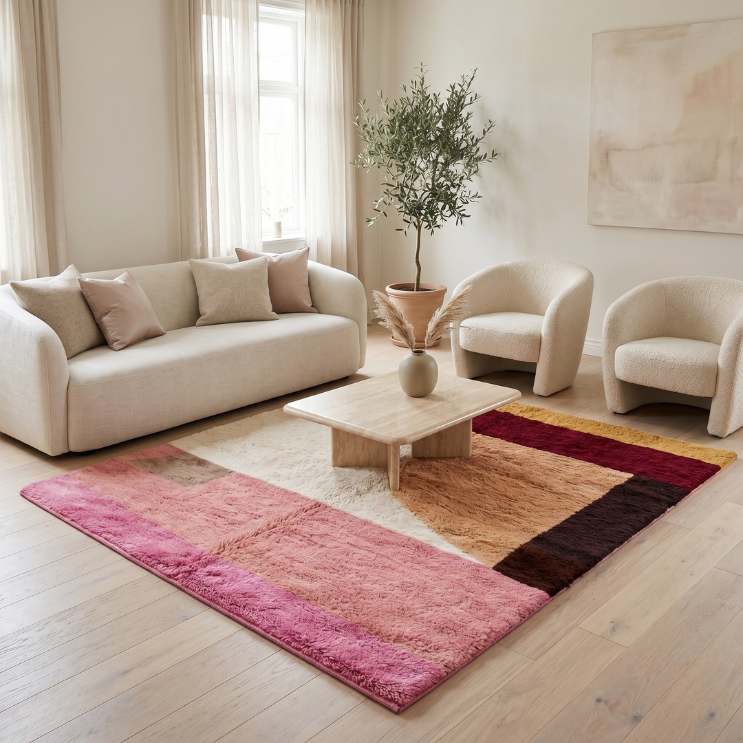 Modern abstract Moroccan wool rug with plush high-pile texture, handmade Berber color block design in pink, cream, peach, burgundy, tan, and dark brown.
