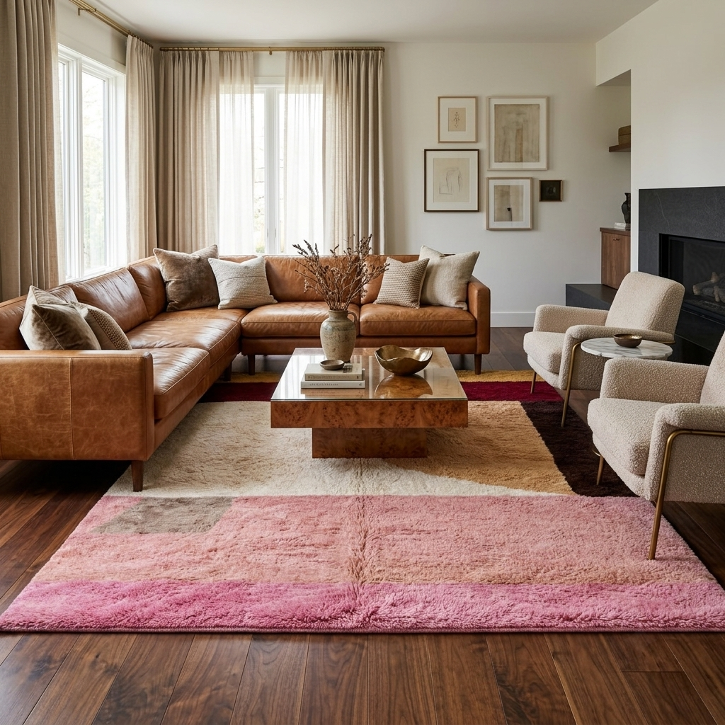 Modern abstract Moroccan wool rug with plush high-pile texture, handmade Berber color block design in pink, cream, peach, burgundy, tan, and dark brown.