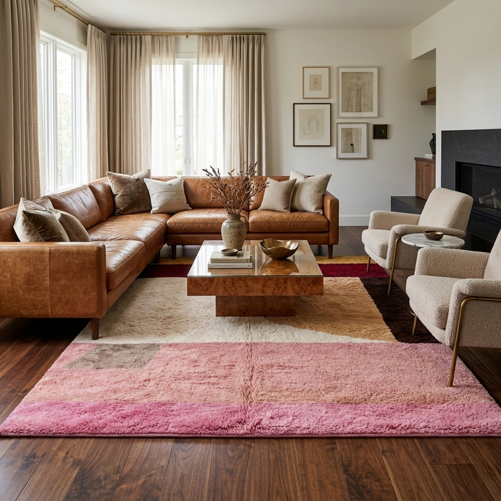 Modern abstract Moroccan wool rug with plush high-pile texture, handmade Berber color block design in pink, cream, peach, burgundy, tan, and dark brown.