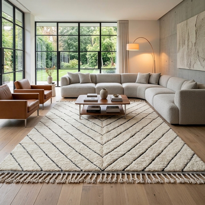 Modern Moroccan Beni Ourain wool rug with black chevron lines on cream background, handmade by Berber artisans
