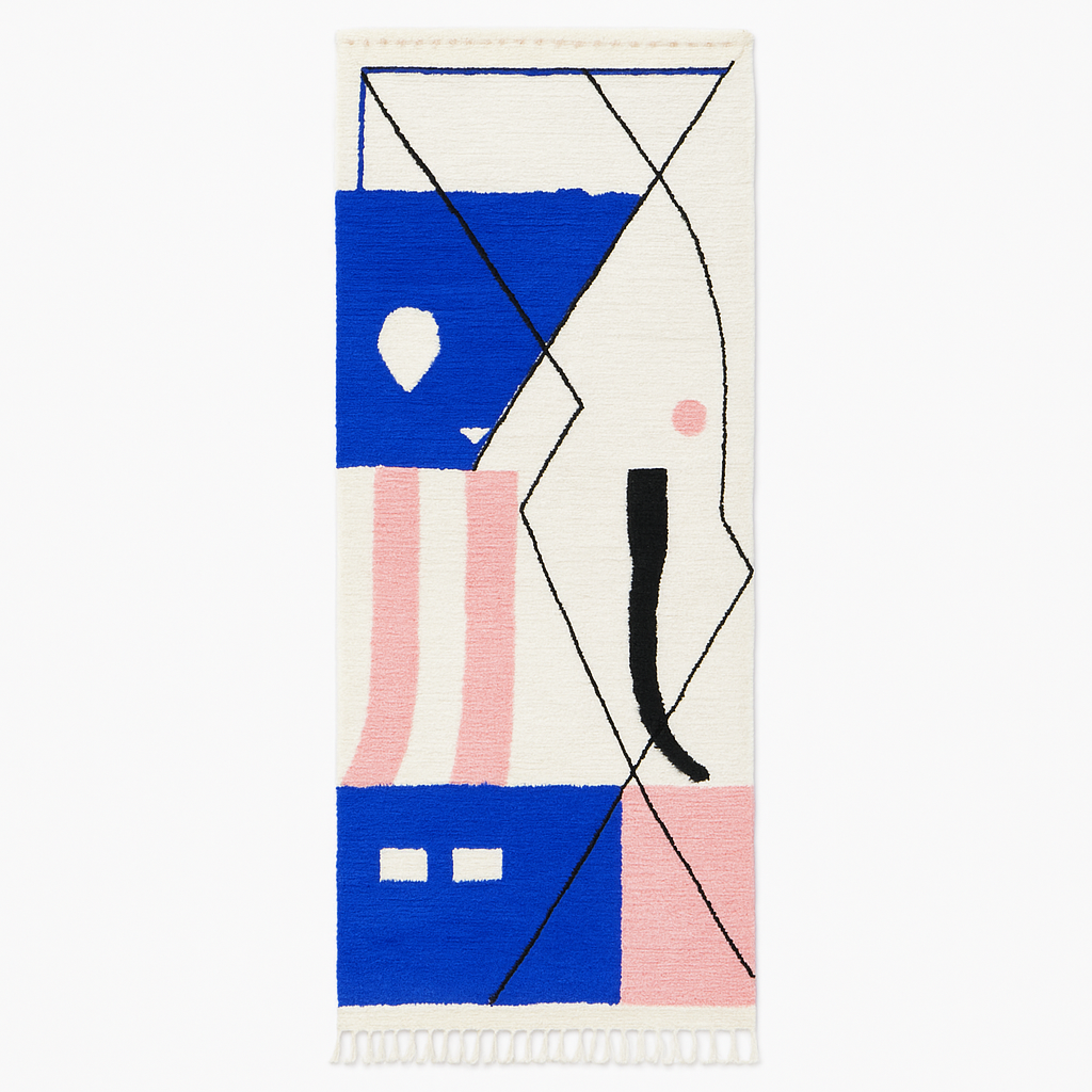 Handmade blue and pink abstract Moroccan wool runner rug with modern geometric lines