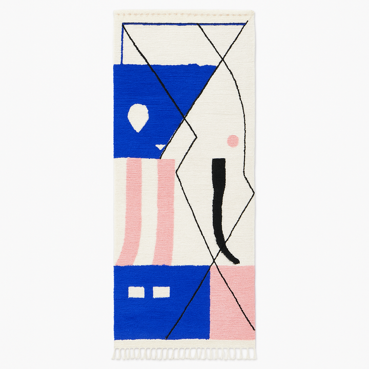 Handmade blue and pink abstract Moroccan wool runner rug with modern geometric lines