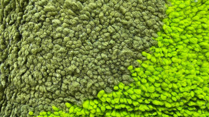 Modern green Moroccan wool rug with geometric Berber pattern and white lines on white background