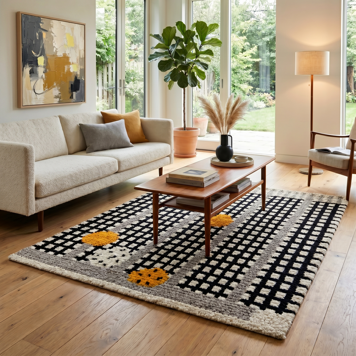 Handmade Moroccan Beni Mrirt wool rug with black grid pattern, grey borders, and yellow textured accents on an ivory base, displayed against a neutral beige wall.