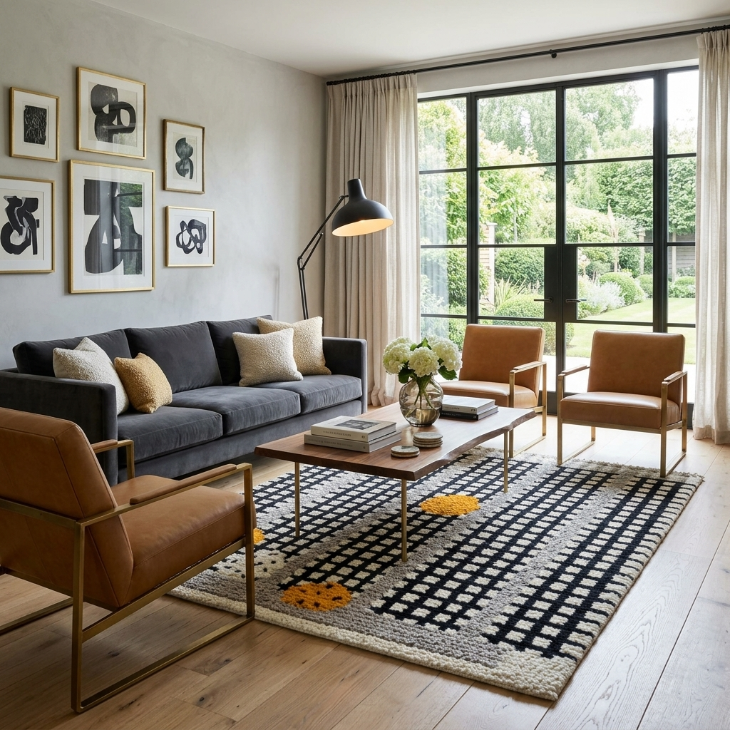 Handmade Moroccan Beni Mrirt wool rug with black grid pattern, grey borders, and yellow textured accents on an ivory base, displayed against a neutral beige wall.