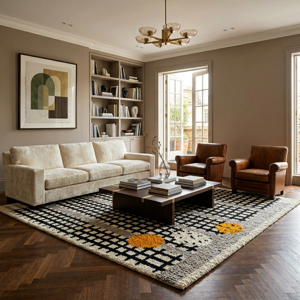 Handmade Moroccan Beni Mrirt wool rug with black grid pattern, grey borders, and yellow textured accents on an ivory base, displayed against a neutral beige wall.