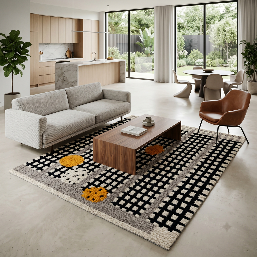 Handmade Moroccan Beni Mrirt wool rug with black grid pattern, grey borders, and yellow textured accents on an ivory base, displayed against a neutral beige wall.