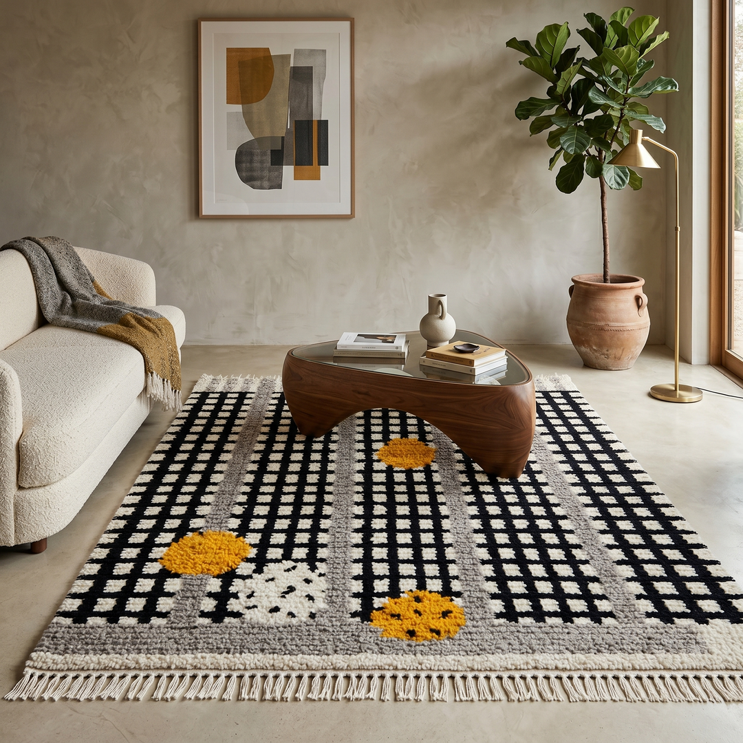 Handmade Moroccan Beni Mrirt wool rug with black grid pattern, grey borders, and yellow textured accents on an ivory base, displayed against a neutral beige wall.