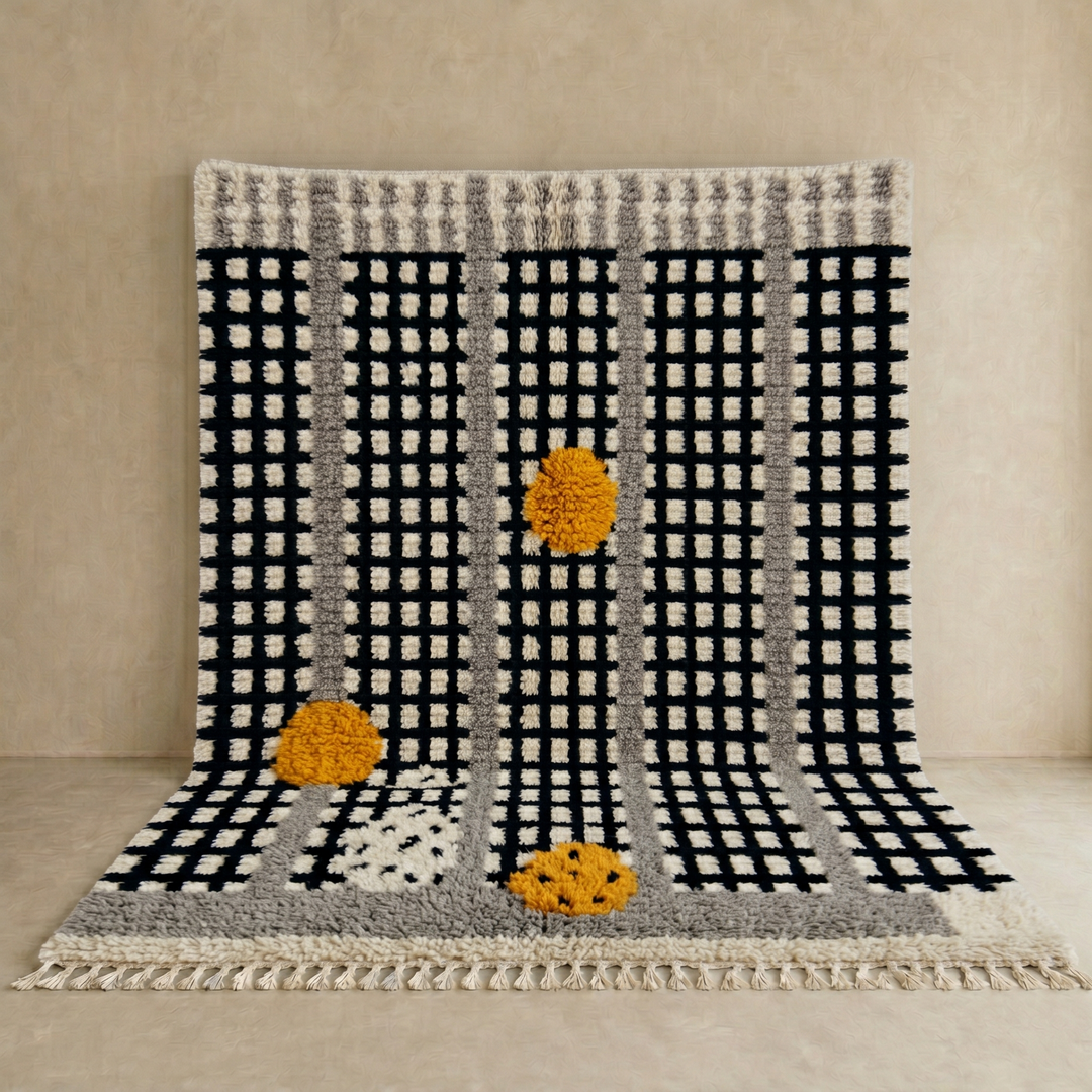 Handmade Moroccan Beni Mrirt wool rug with black grid pattern, grey borders, and yellow textured accents on an ivory base, displayed against a neutral beige wall.