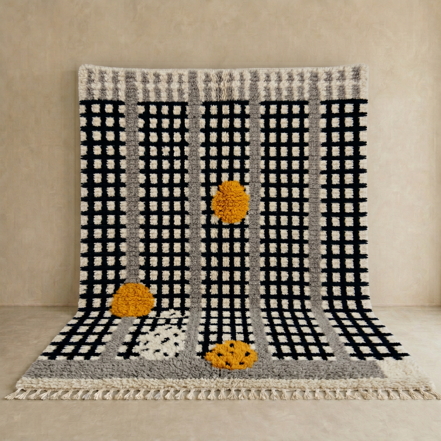 Handmade Moroccan Beni Mrirt wool rug with black grid pattern, grey borders, and yellow textured accents on an ivory base, displayed against a neutral beige wall.