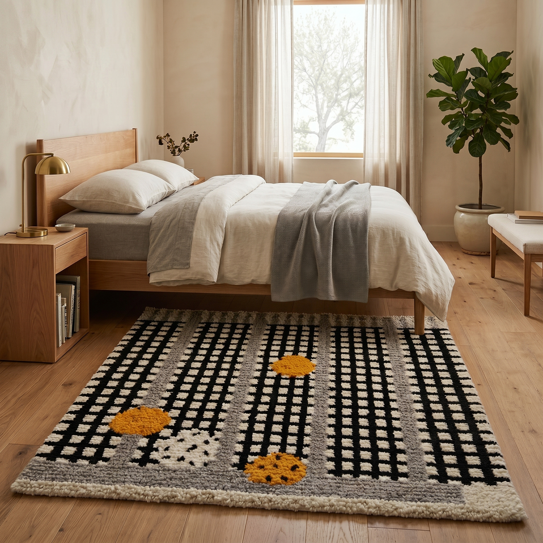 Handmade Moroccan Beni Mrirt wool rug with black grid pattern, grey borders, and yellow textured accents on an ivory base, displayed against a neutral beige wall.