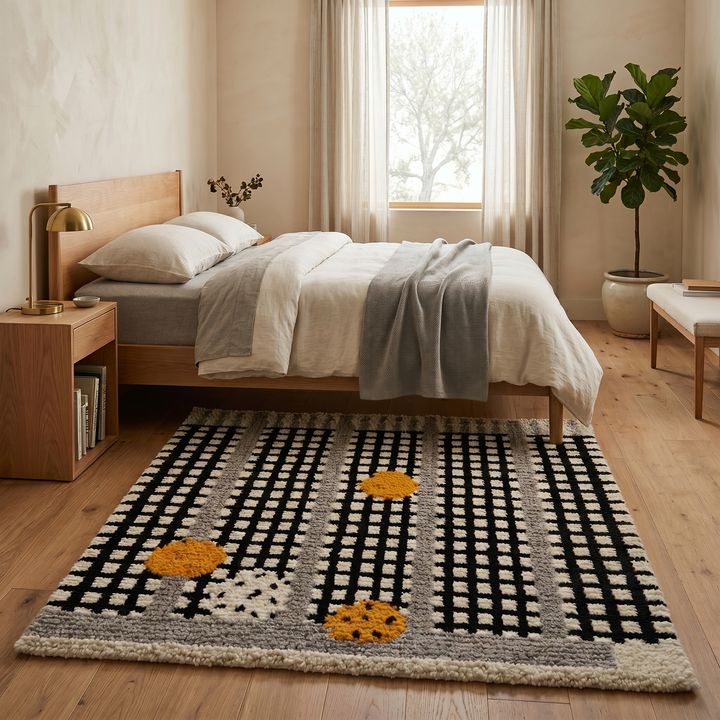Handmade Moroccan Beni Mrirt wool rug with black grid pattern, grey borders, and yellow textured accents on an ivory base, displayed against a neutral beige wall.
