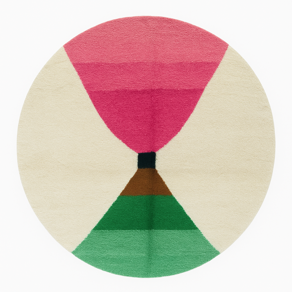 Handmade modern Moroccan round rug in pink and green geometric design, wool berber carpet