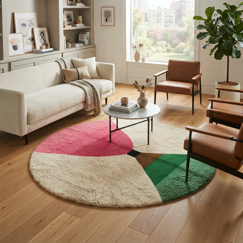 Handmade modern Moroccan round rug in pink and green geometric design, wool berber carpet