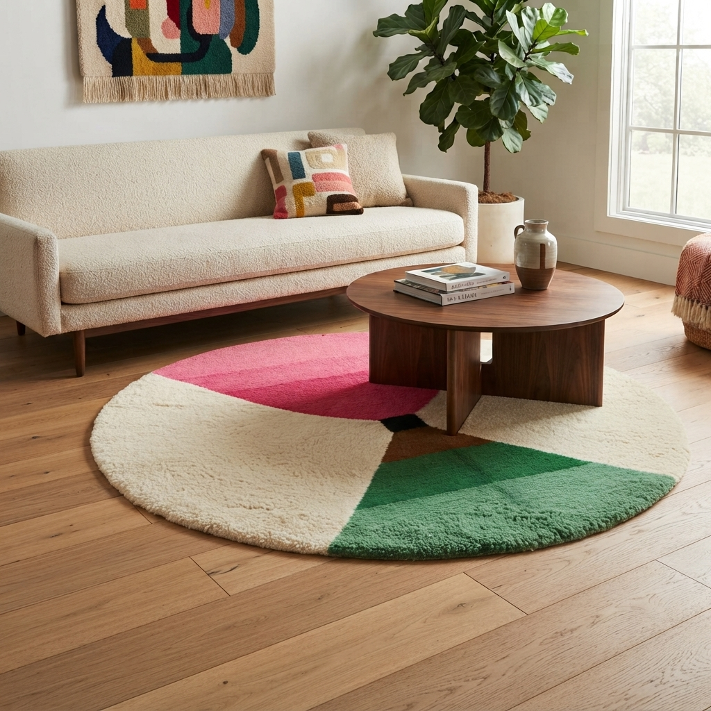 Handmade modern Moroccan round rug in pink and green geometric design, wool berber carpet