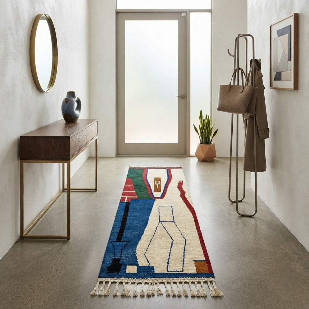 Modern Moroccan runner rug with abstract Berber design in blue, green, red and white, handmade wool hallway carpet with tribal motifs