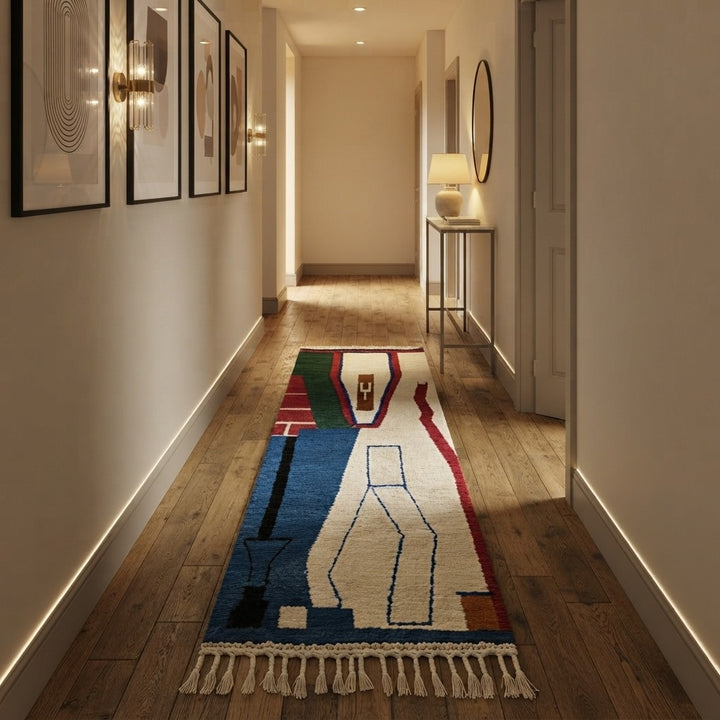 Modern Moroccan runner rug with abstract Berber design in blue, green, red and white, handmade wool hallway carpet with tribal motifs