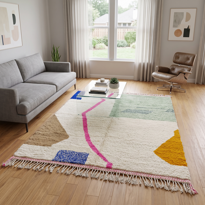 Beni Ourain Moroccan wool rug with cream background and colorful diamond motifs, handmade by Berber artisans