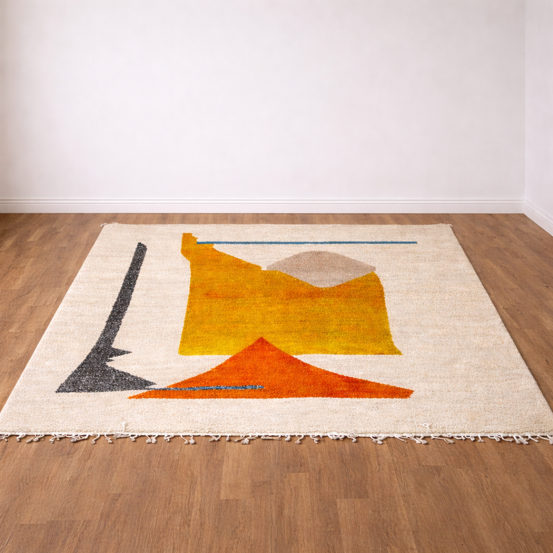 Handmade modern Moroccan wool rug in cream with mustard yellow and terracotta geometric Berber design, plush shag texture with tassels