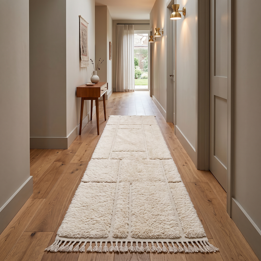 Modern Moroccan wool runner rug with geometric Berber pattern in ivory