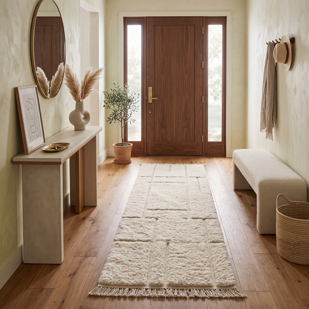 Modern Moroccan wool runner rug with geometric Berber pattern in ivory