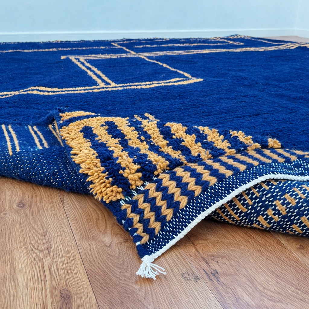 modern navy moroccan wool rug with minimalist geometric lines
