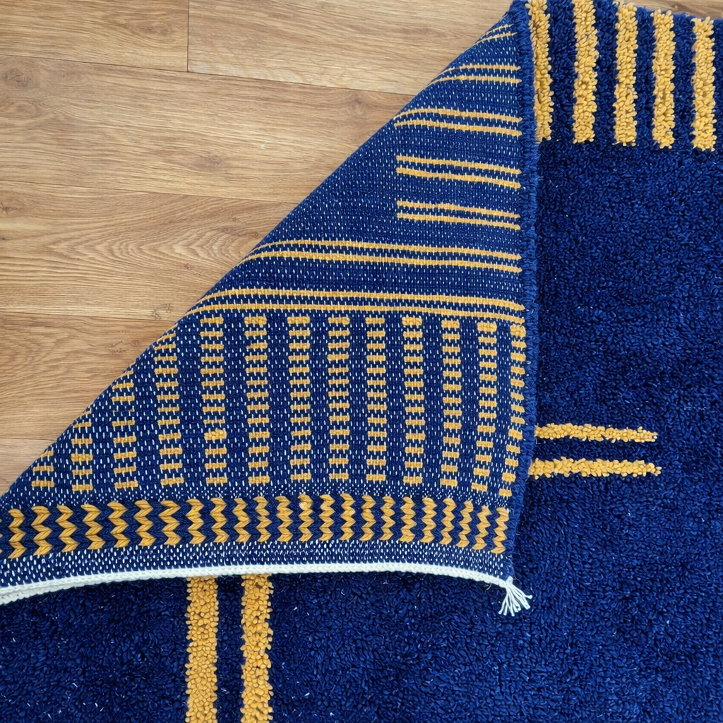 modern navy moroccan wool rug with minimalist geometric lines