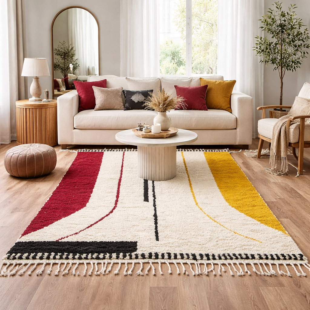striped moroccan wool rug red mustard black berber handmade carpet