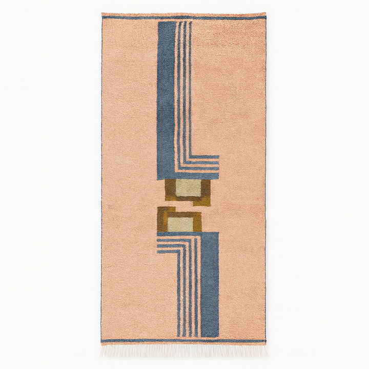 Handmade terracotta Moroccan wool runner rug with modern geometric blue and mustard accents.