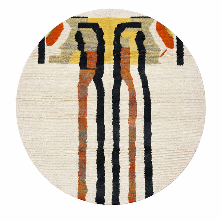 Round Moroccan wool rug with abstract black and rust lines on white background