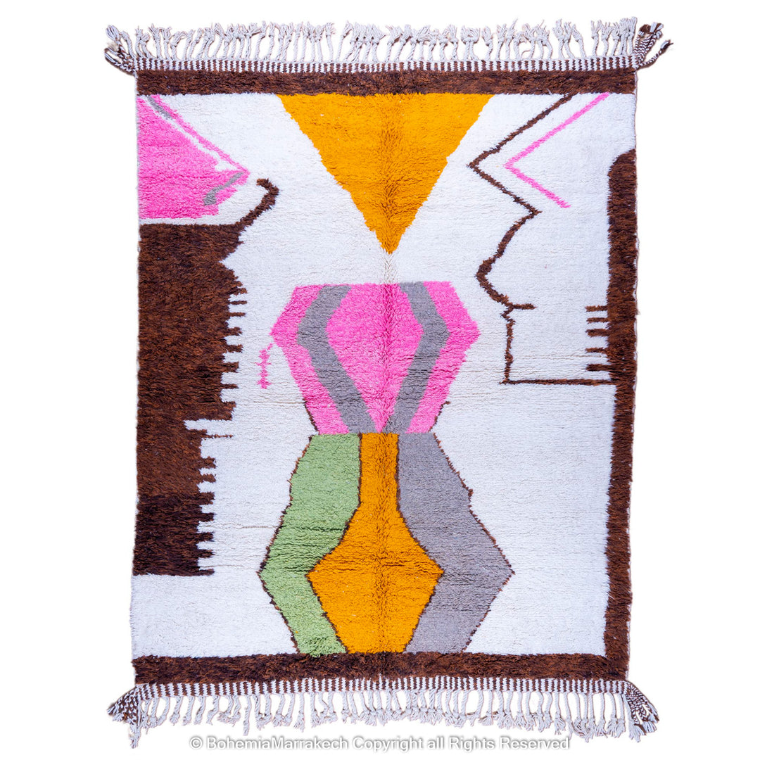 Colorful Moroccan Beni Ourain shag rug with diamond motifs, handmade from wool