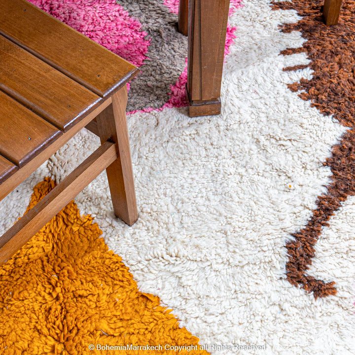 Colorful Moroccan Beni Ourain shag rug with diamond motifs, handmade from wool