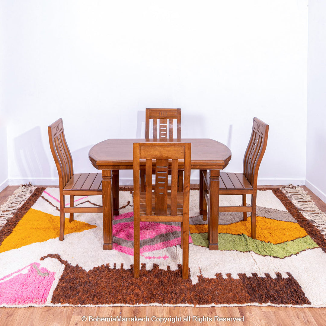 Colorful Moroccan Beni Ourain shag rug with diamond motifs, handmade from wool