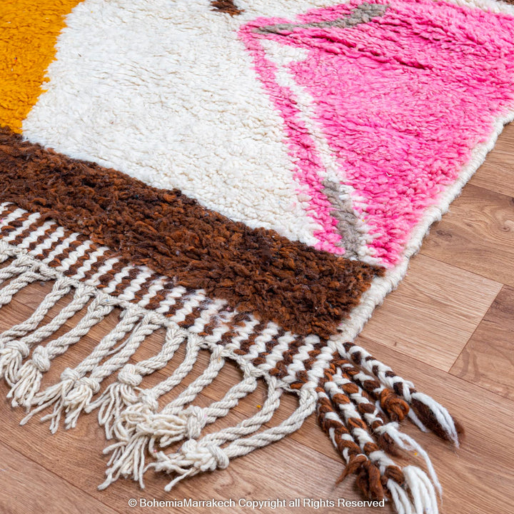 Colorful Moroccan Beni Ourain shag rug with diamond motifs, handmade from wool