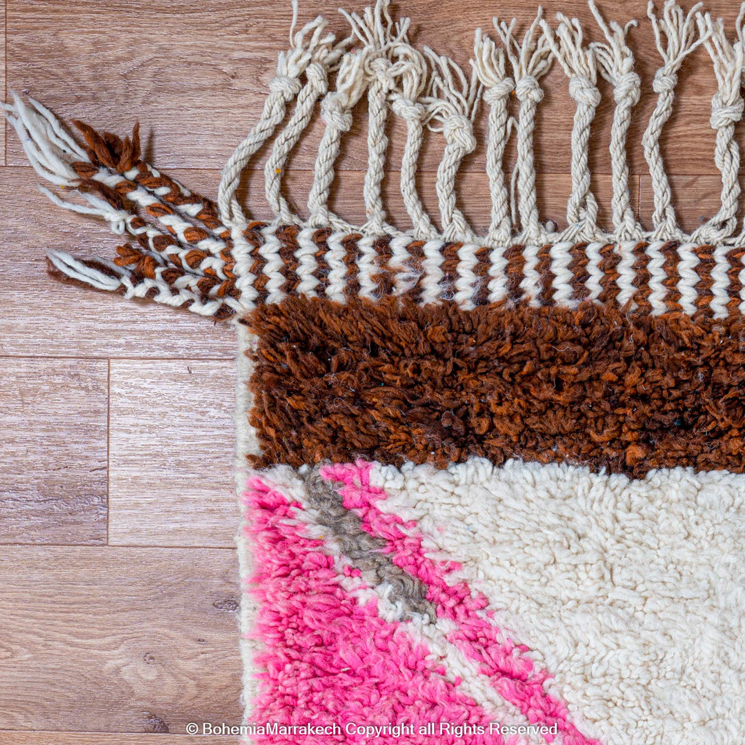 Colorful Moroccan Beni Ourain shag rug with diamond motifs, handmade from wool