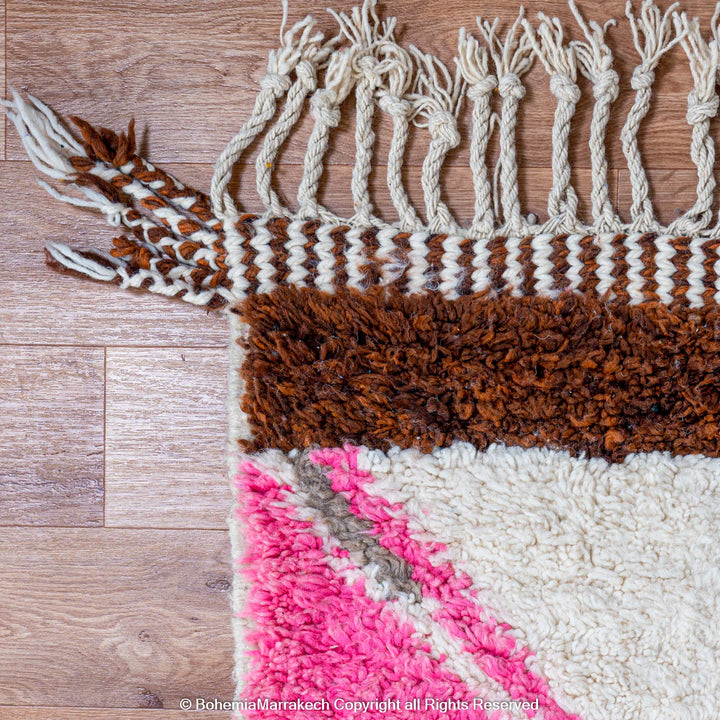Colorful Moroccan Beni Ourain shag rug with diamond motifs, handmade from wool