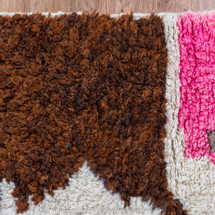 Colorful Moroccan Beni Ourain shag rug with diamond motifs, handmade from wool